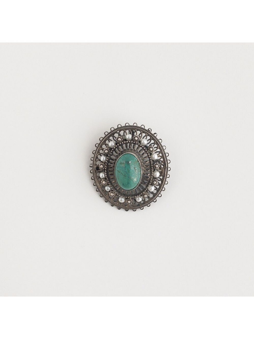 Sterling Silver Israel Eilat Green Stone White Pearl Filigree Pendant Brooch Pin